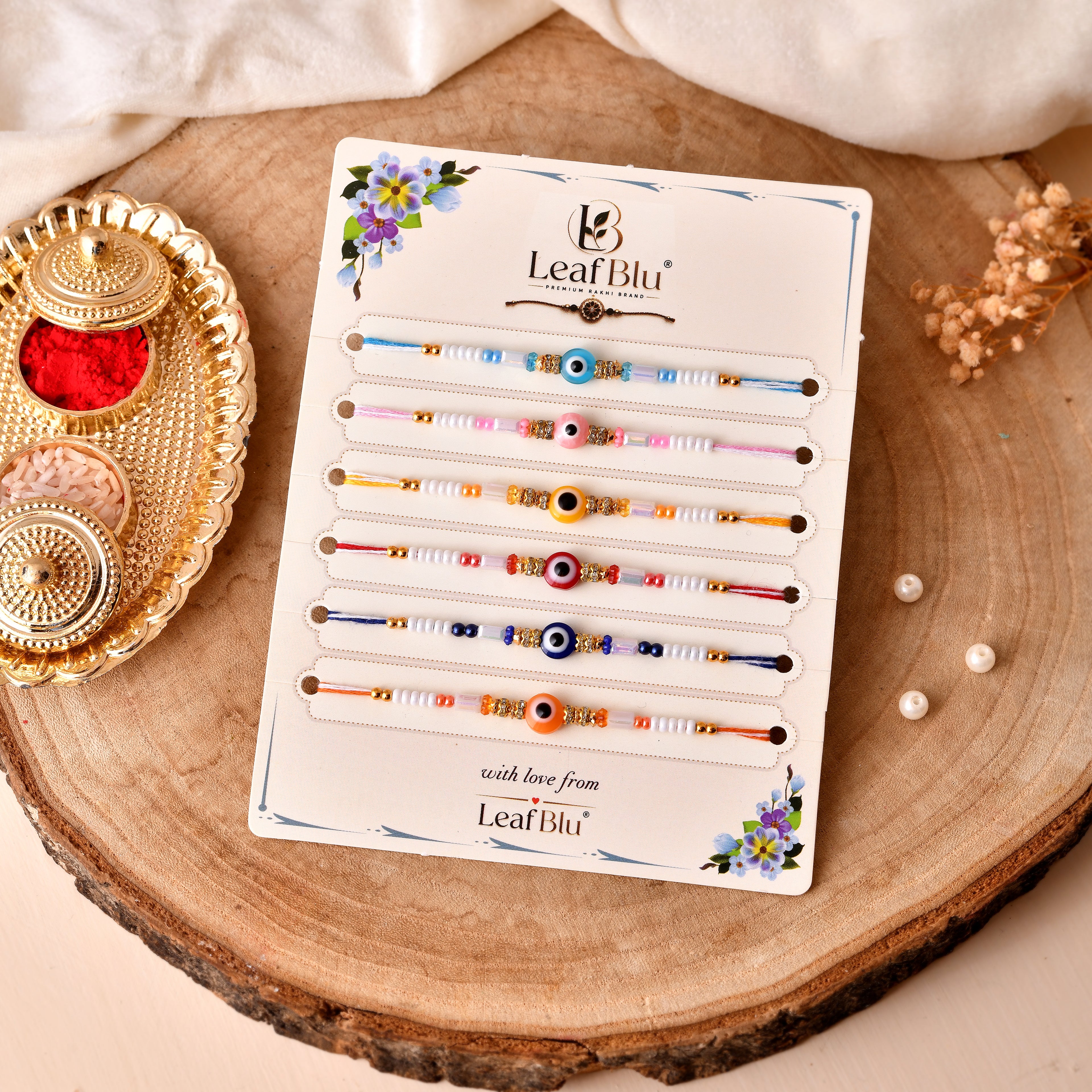 LeafBlu Premium Evil Eye Rakhi Set of 6 with Rakhi Agreement Card, Greeting Card & Roli Chawal | Handmade Designer Nazar Suraksha Brother Rakhi Combo for Raksha Bandhan