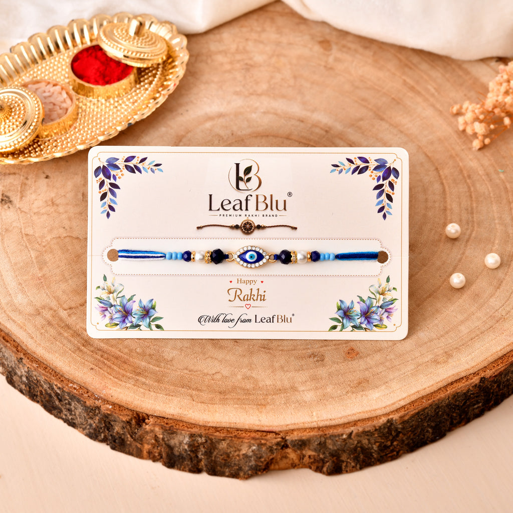 LeafBlu Premium Evil Eye Rakhi for Brother with Rakhi Agreement Card, Greeting Card & Roli Chawal