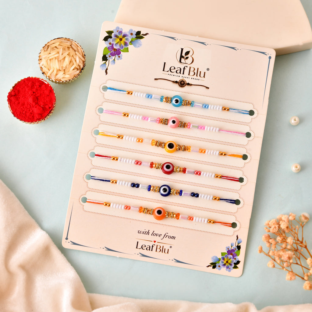 LeafBlu Designer Evil Eye Rakhi Set of 6 | Handmade Rakhi with Rakhi Agreement, Greeting Card & Tilak Kit