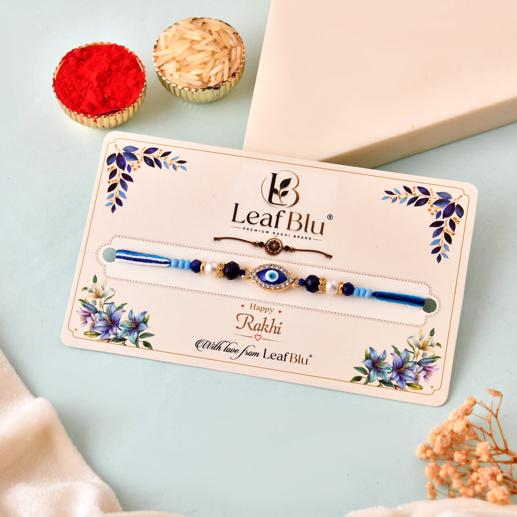 LeafBlu Premium Evil Eye Rakhi for Brother with Rakhi Agreement Card, Greeting Card & Roli Chawal
