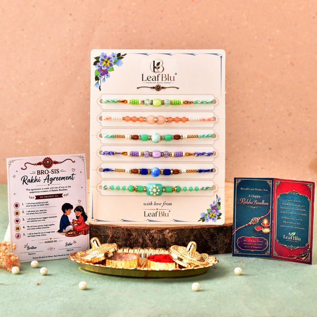 Premium Designer Rakhi Set of 6 | Multicolor Beaded Brother Rakhi with Greeting Card & Thali Roli Chawal