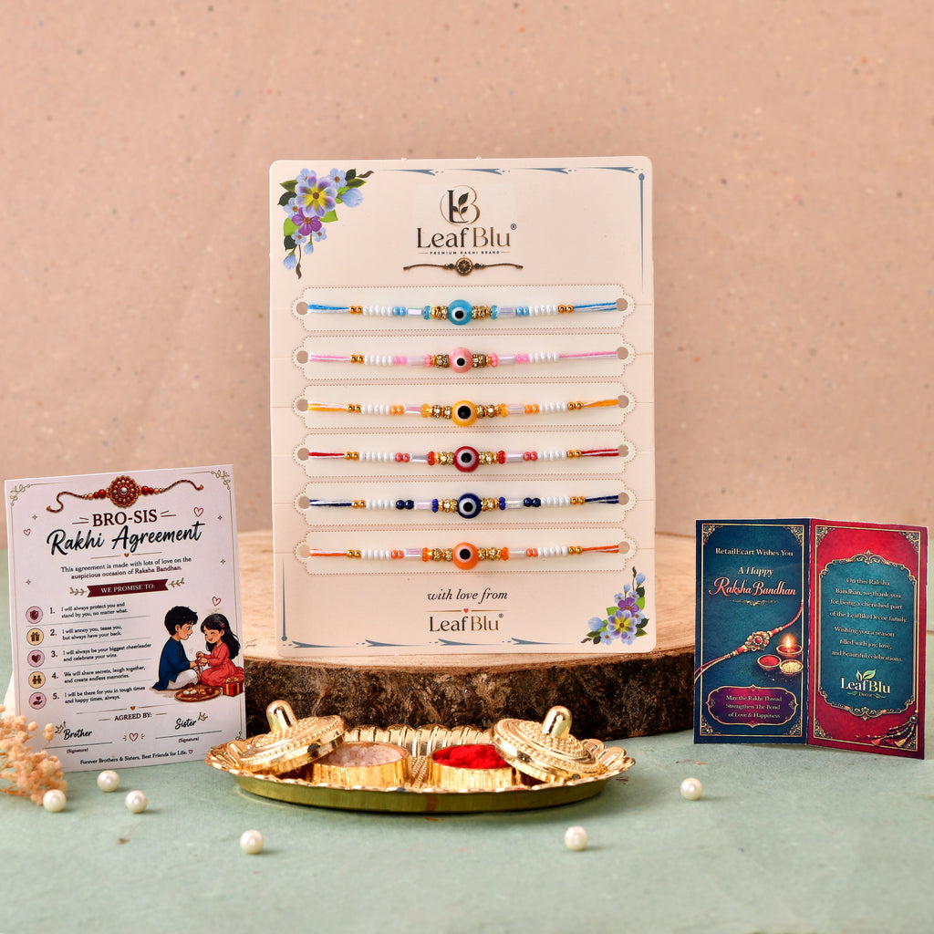 LeafBlu Premium Evil Eye Rakhi Set of 6 with Rakhi Agreement Card, Greeting Card & Roli Chawal | Handmade Designer Nazar Suraksha Brother Rakhi Combo for Raksha Bandhan