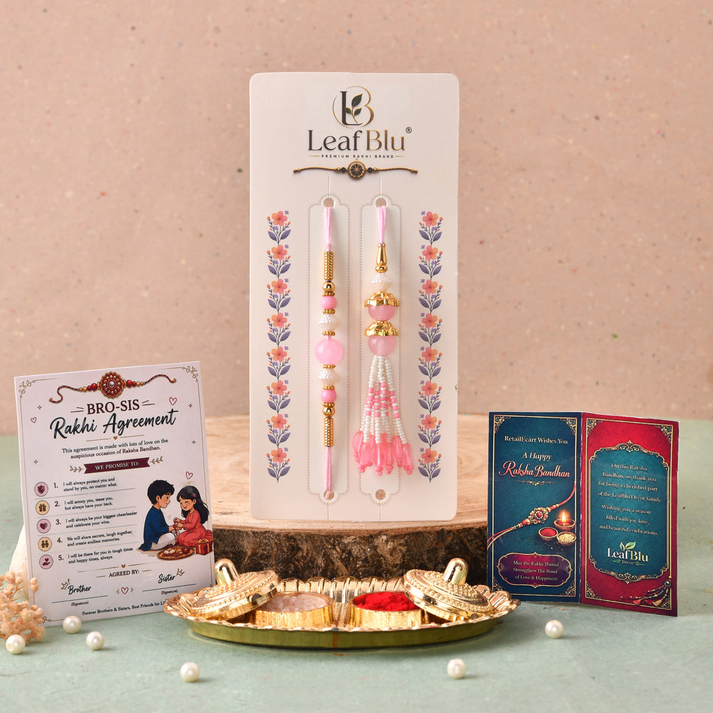 LeafBlu Premium Bhai Bhabhi Rakhi Set with Pink Designer Rakhi, Lumba Rakhi, Rakhi Agreement Card, Greeting Card & Roli Chawal | Raksha Bandhan Gift Combo