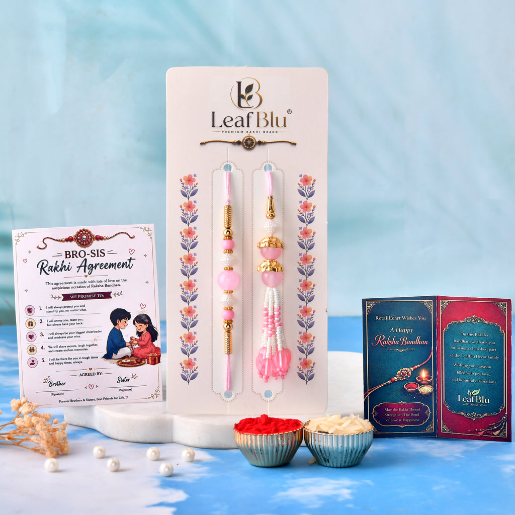 LeafBlu Premium Bhai Bhabhi Rakhi Set with Rakhi Agreement Card, Greeting Card & Roli Chawal | Designer Pink Rakhi Combo
