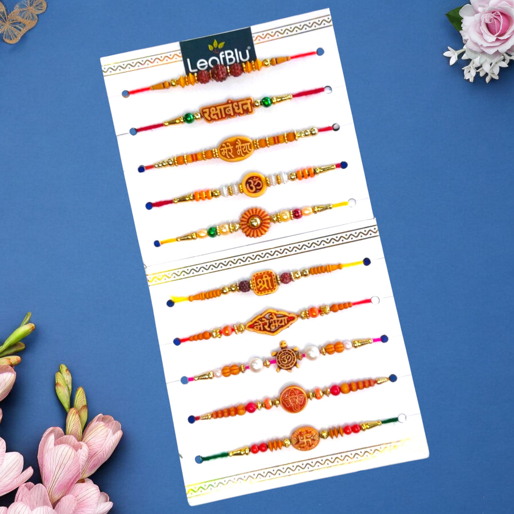 LeafBlu Traditional Rakhi Pack of 10 | Combo Set of Designer Rakhis for Bhai | Festival Special Raksha Bandhan Rakhi Set | Stylish & Elegant Rakhi Combo for Brothers