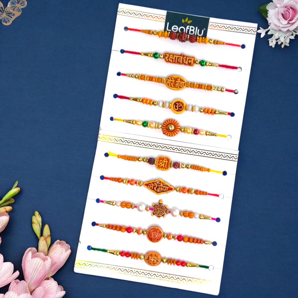 LeafBlu Traditional Rakhi Pack of 10 | Combo Set of Designer Rakhis for Bhai | Festival Special Raksha Bandhan Rakhi Set | Stylish & Elegant Rakhi Combo for Brothers
