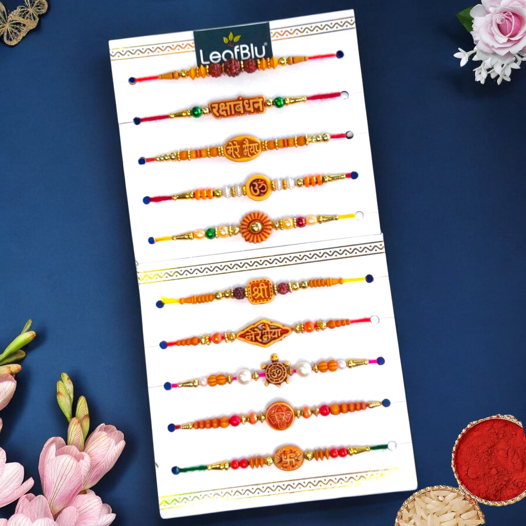 LeafBlu Traditional Rakhi Pack of 10 | Combo Set of Designer Rakhis for Bhai | Festival Special Raksha Bandhan Rakhi Set | Stylish & Elegant Rakhi Combo for Brothers