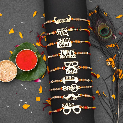 LeafBlu 9 MDF Wooden Rakhi set for your loved once brother Mauli Thread Rakhi, Chawal Roli (Pack of 9 Wooden Rakhi | 1 Roli Tilak Pack, 1 Greeting Card)