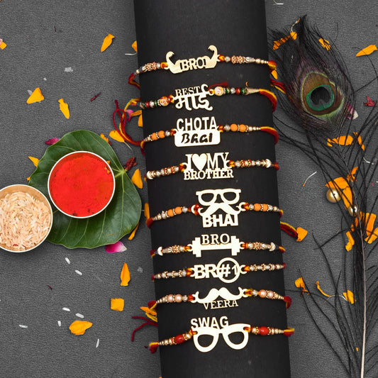 LeafBlu 9 MDF Wooden Rakhi set for your loved once brother Mauli Thread Rakhi, Chawal Roli (Pack of 9 Wooden Rakhi | 1 Roli Tilak Pack, 1 Greeting Card)