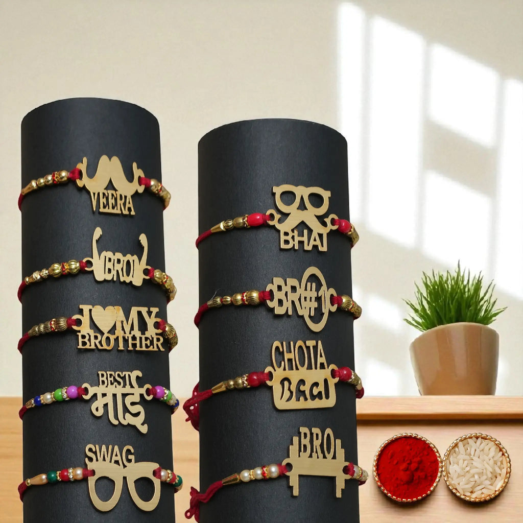LeafBlu Designer MDF Rakhi Pack of 9 | Wooden Finish Rakhi Combo | Traditional & Stylish Rakhi for Bhai | Premium Rakhi Set for Raksha Bandhan