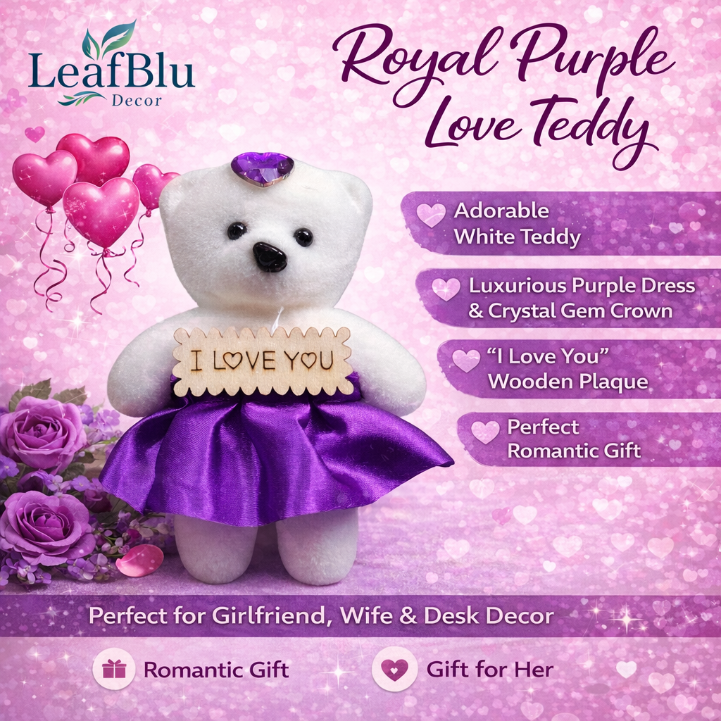 LeafBlu Premium Heart Shape Teddy Gift Box with Purple Roses & I Love You Message | Romantic Love Gift Set for Girlfriend, Boyfriend, Anniversary, Birthday (Pack of 1)